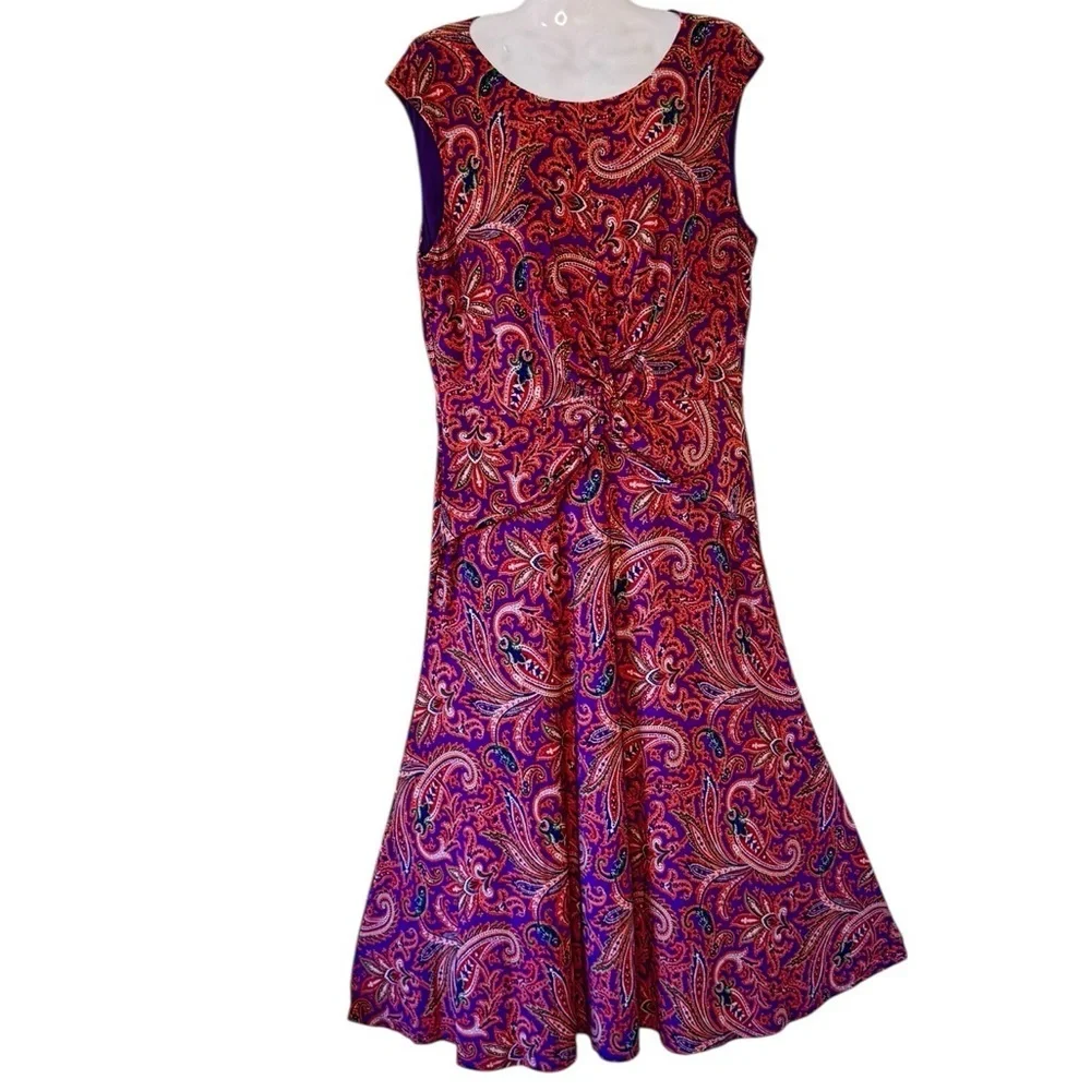 Lauren Ralph Lauren Paisley Twist Front Jersey Midi Dress Purple Green Size 12 - Picture 2 of 10